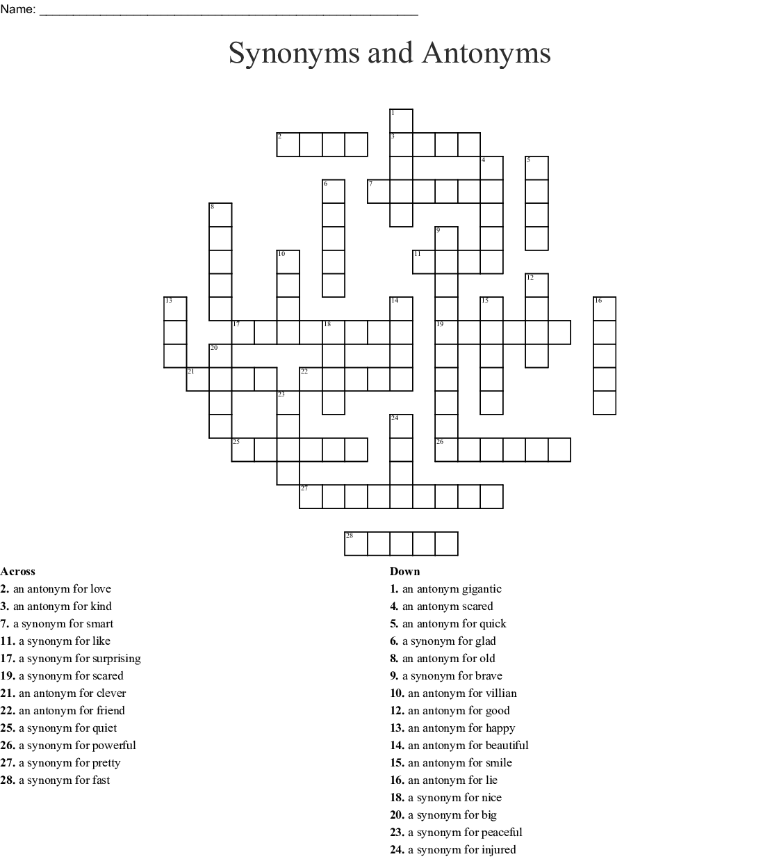 Printable Antonyms Crossword Puzzle