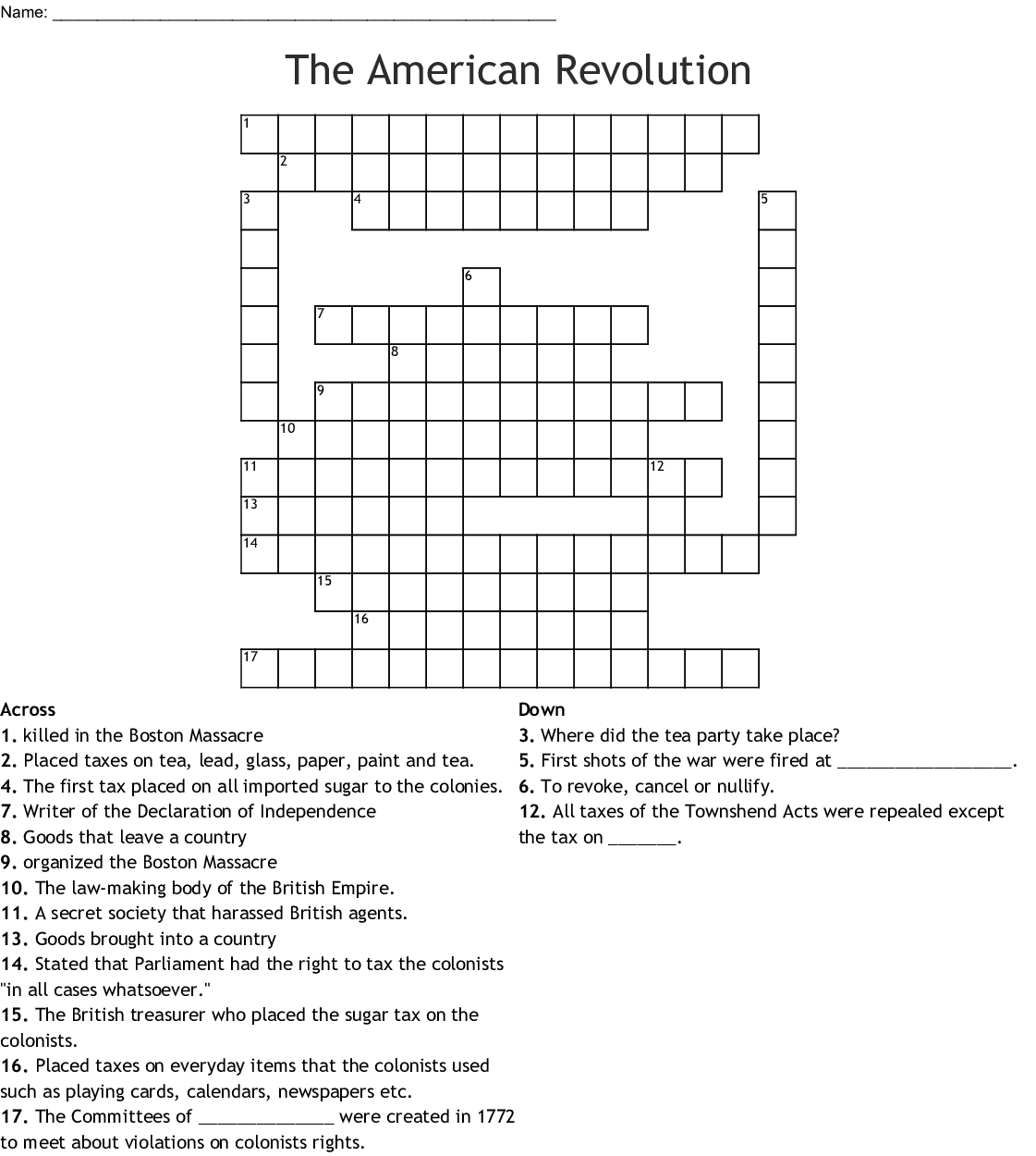 Crossword Puzzle Printable For Kids American Revolution