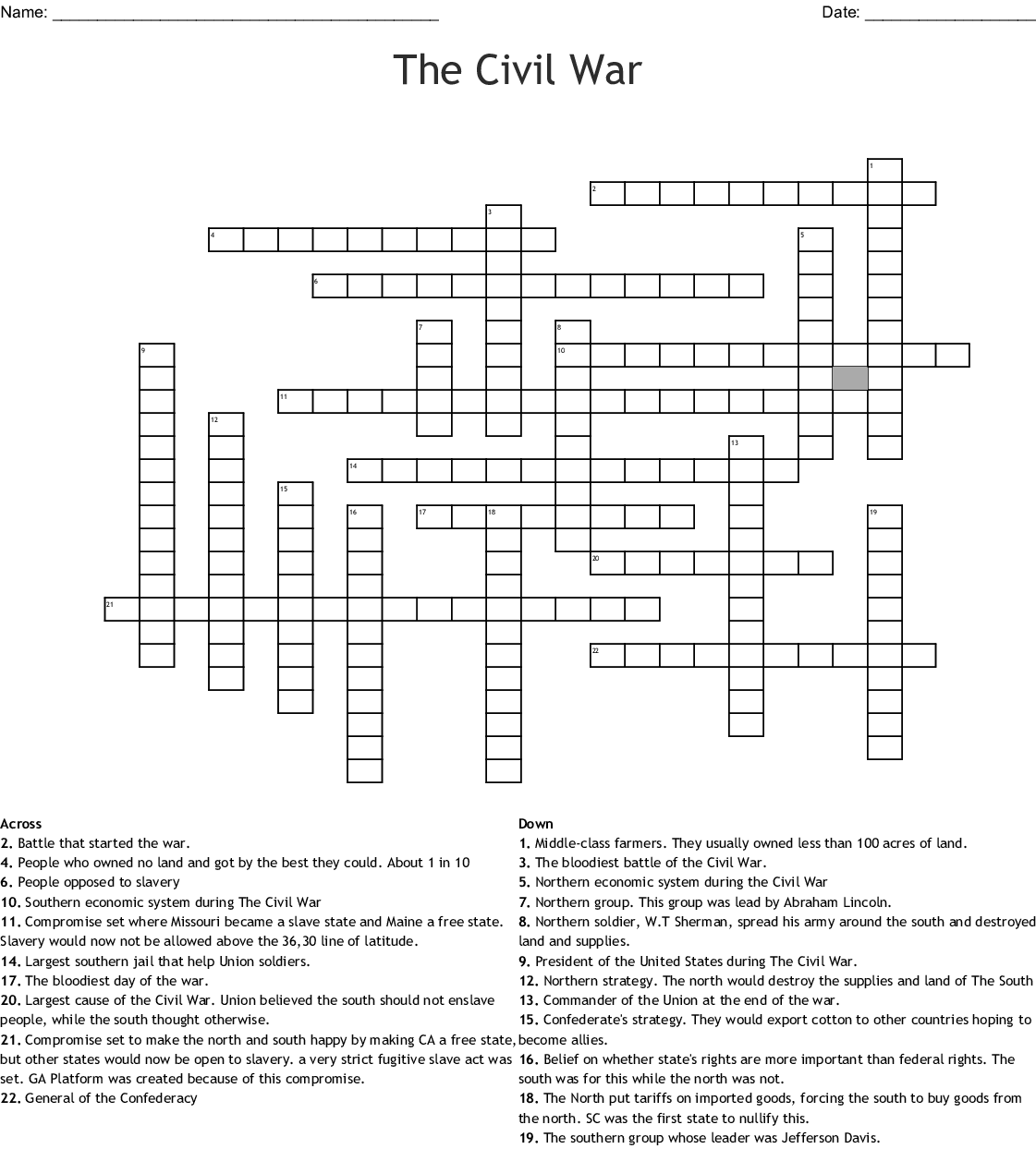 Free Printable Civil War Crossword Puzzles
