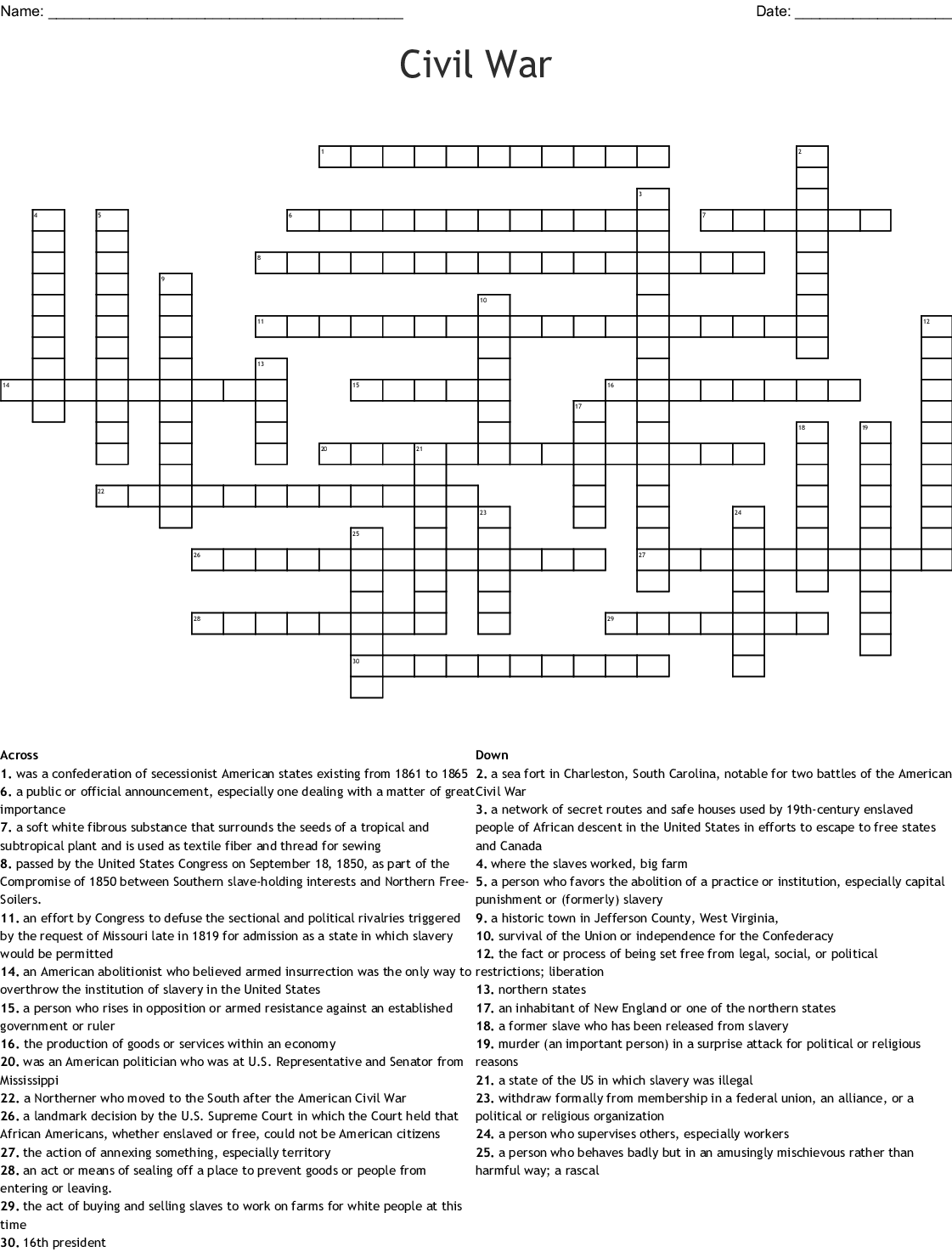 Civil War Printable Crossword Puzzles Pdf