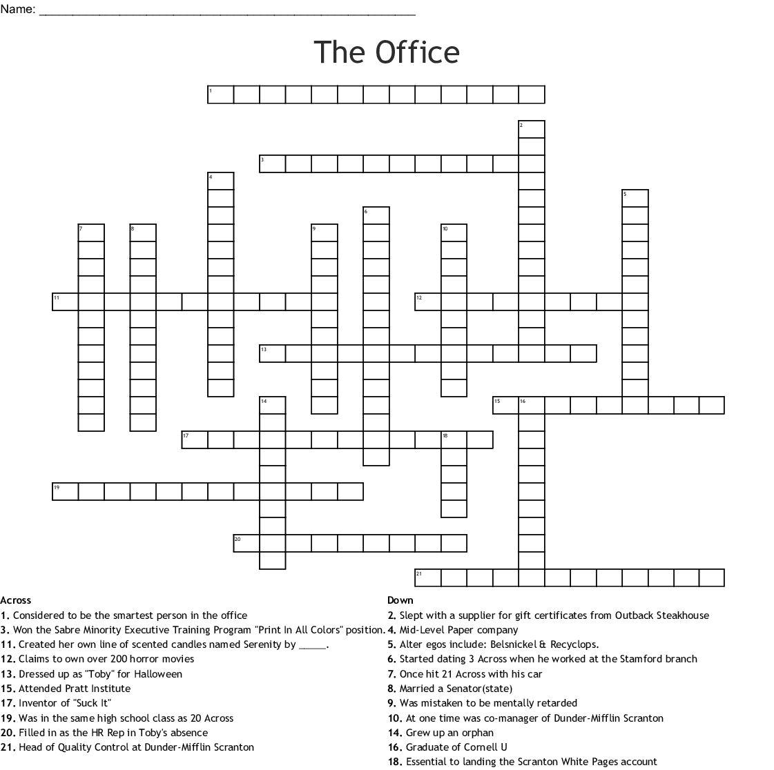 The Office Tv Show Crossword Puzzle Printable