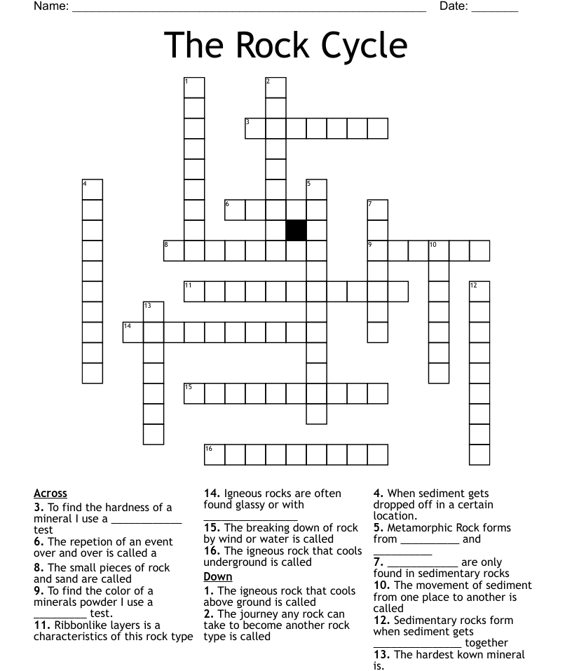 Rock Cycle Crossword Puzzle Printable