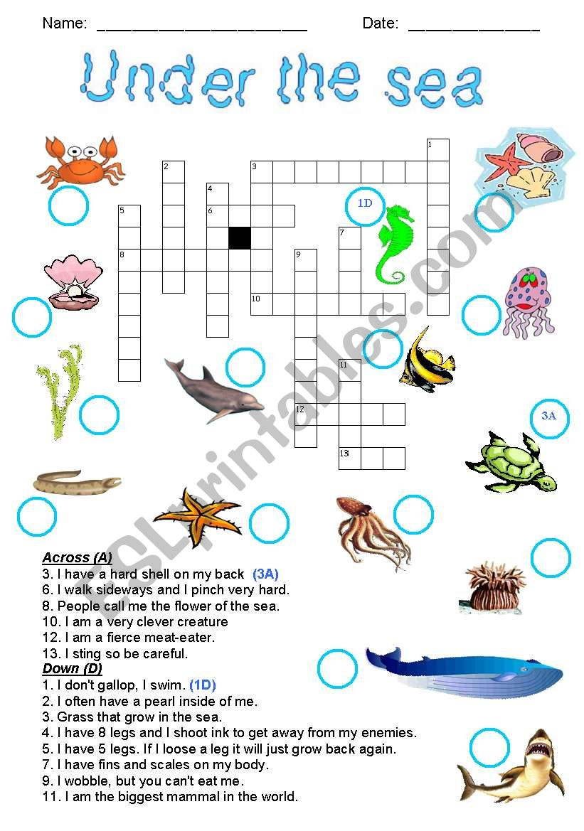 Free Printable Under The Sea Crossword Puzzle For 2nd Grade