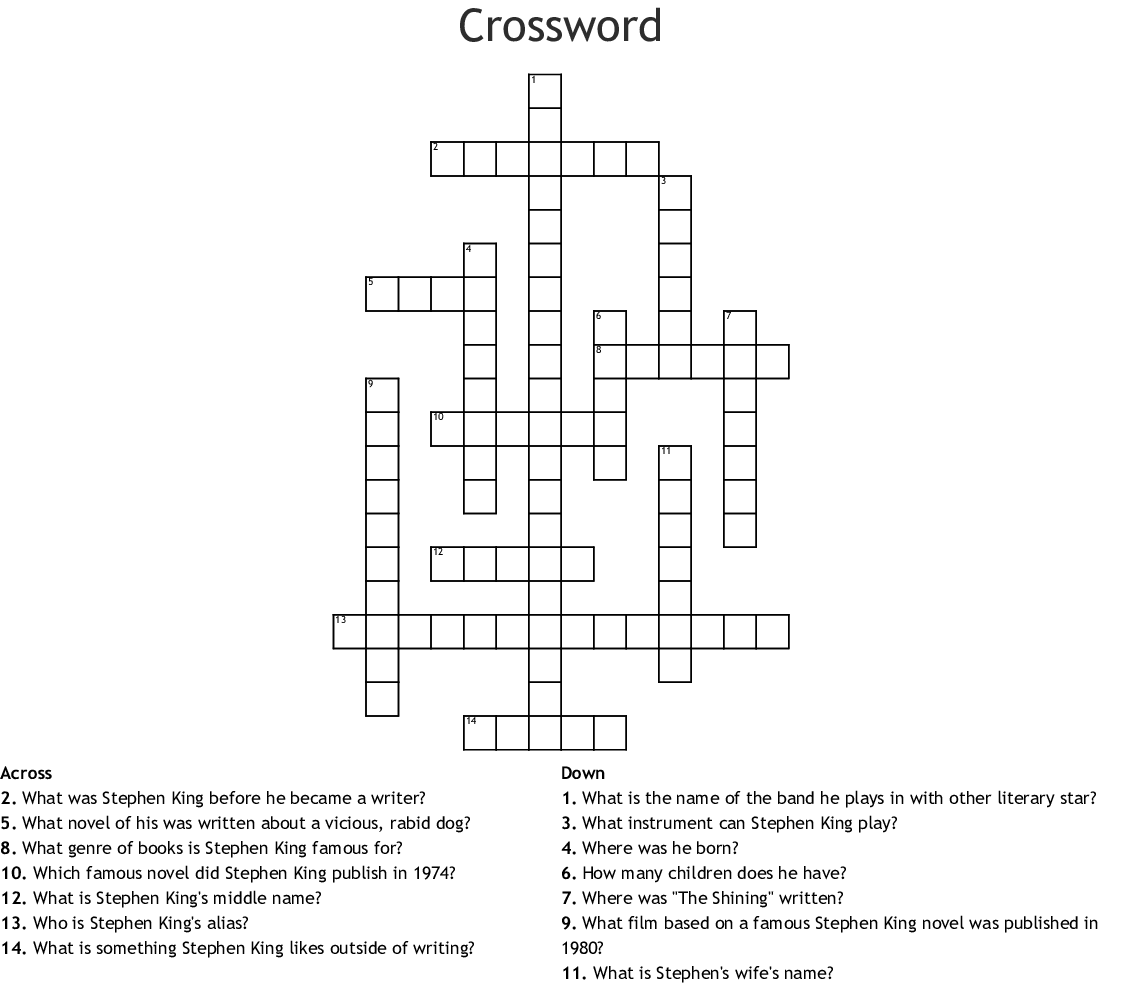 Free Printable Crossword Puzzles With Answers About Stephen King Books