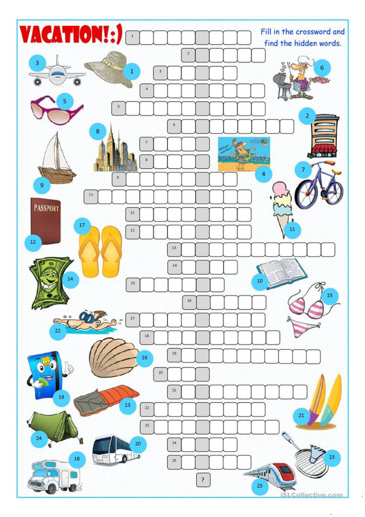 Vacation Crossword Puzzle Worksheet Free ESL Printable