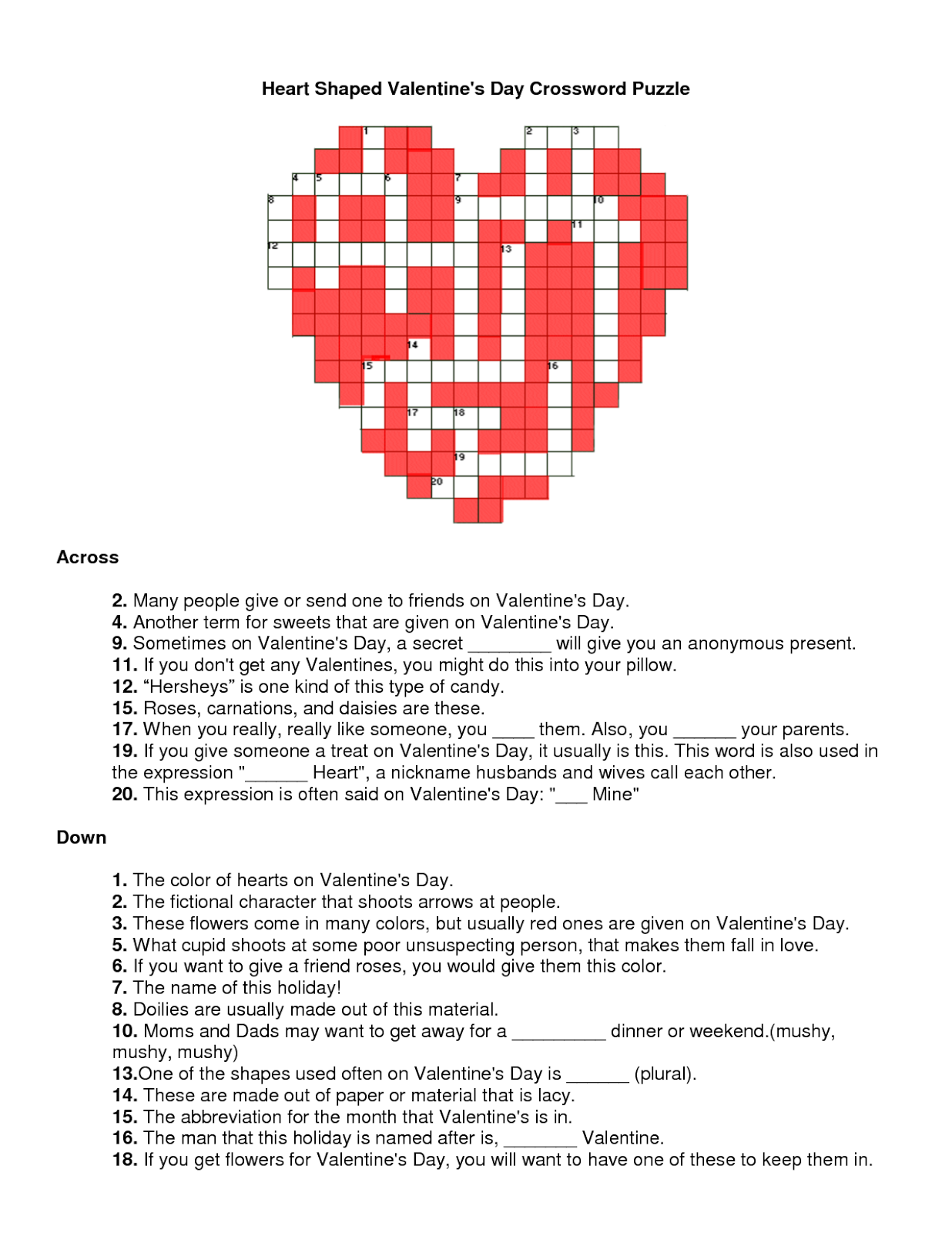Valentine's Day Crossword Puzzle Printable For Adults