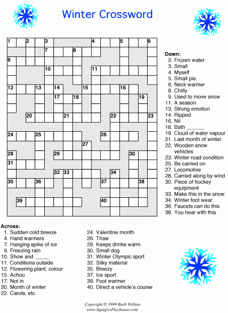 Winter Crossword Puzzle Printable Free