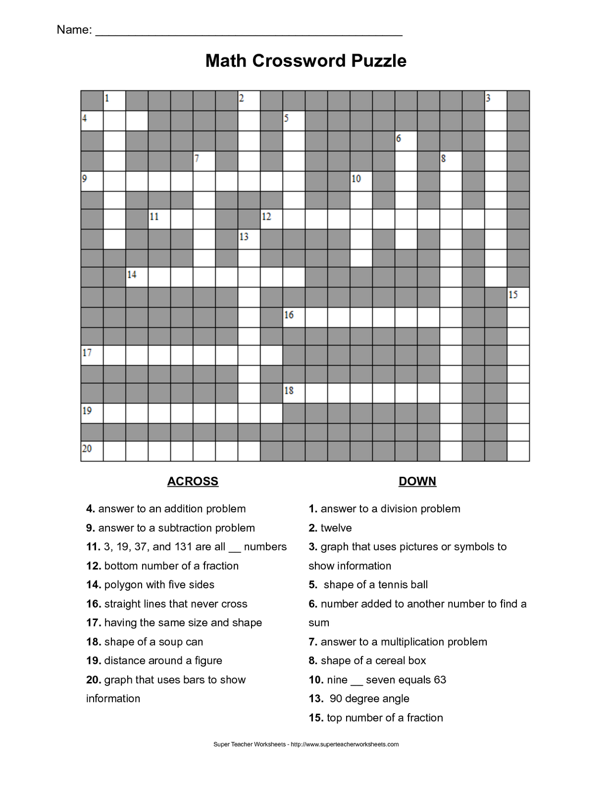 Crossword Puzzle Math Printable