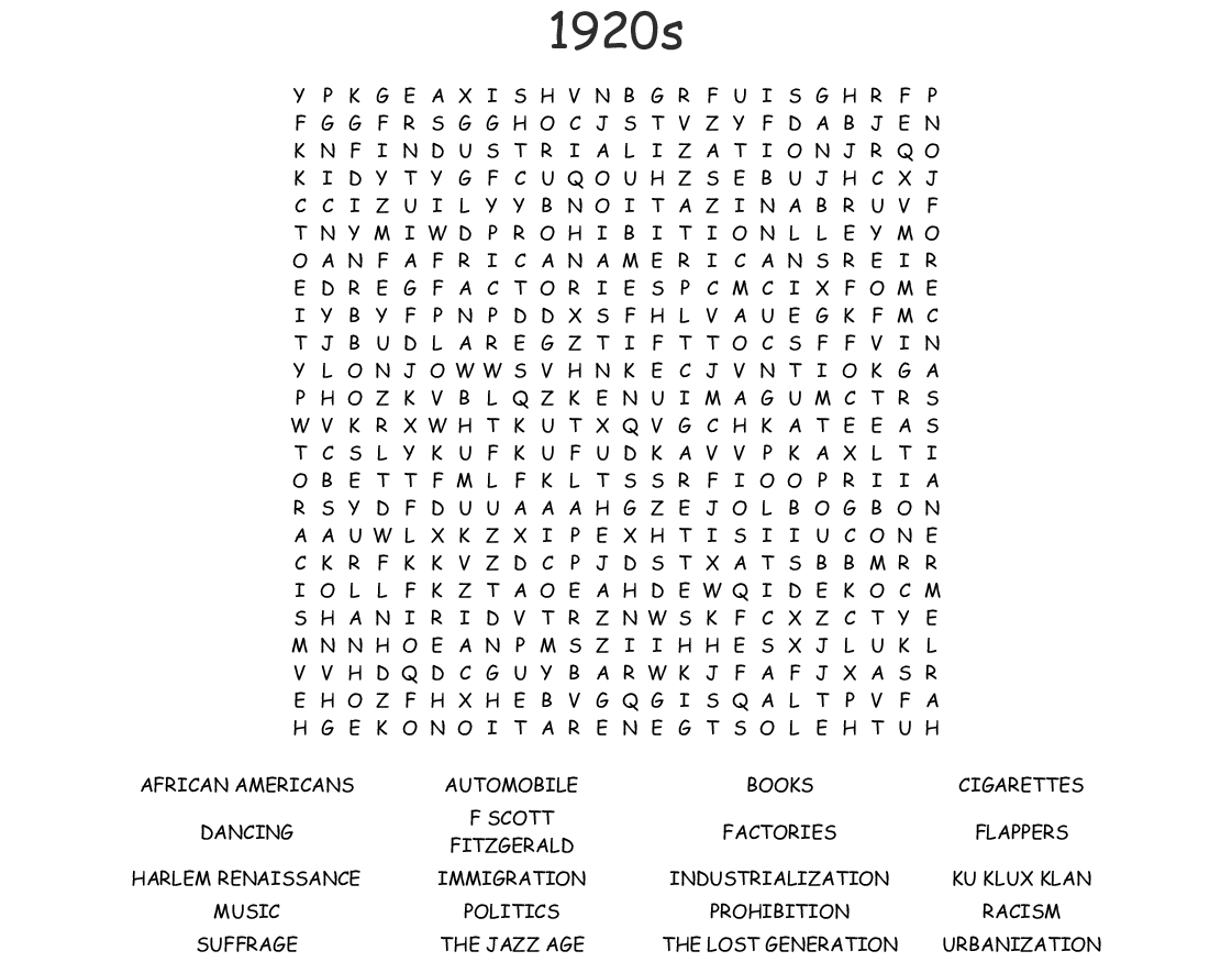 Free Printable Crossword Puzzle For The Roaring 20's
