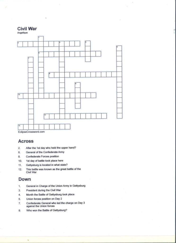 Ang S Story The Battle Of Gettysburg Crossword Puzzle
