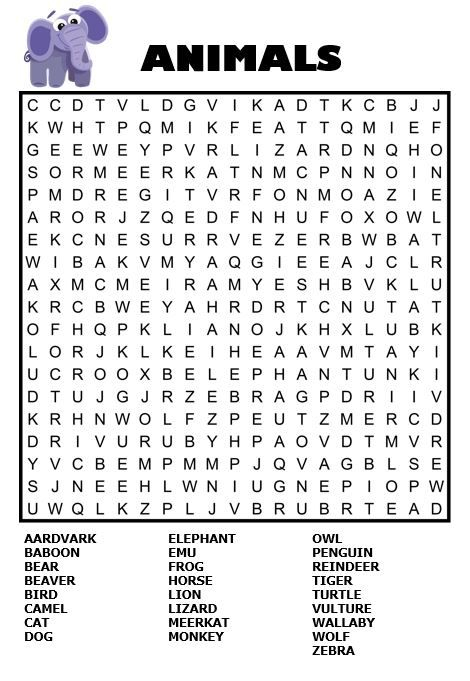 Animal Word Search For Kids Free Printable Download