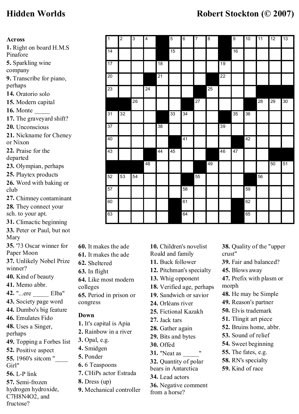 The Wednesday Wars Crossword Printable Puzzle