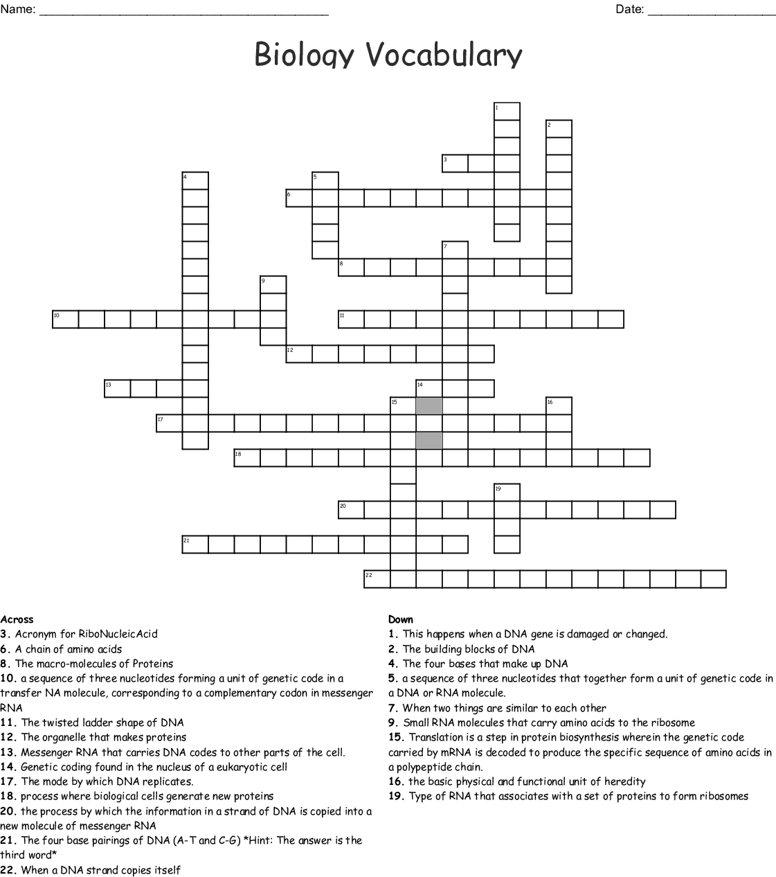 Crossword Puzzle Printable For Kids Biology Genetics Answer Key