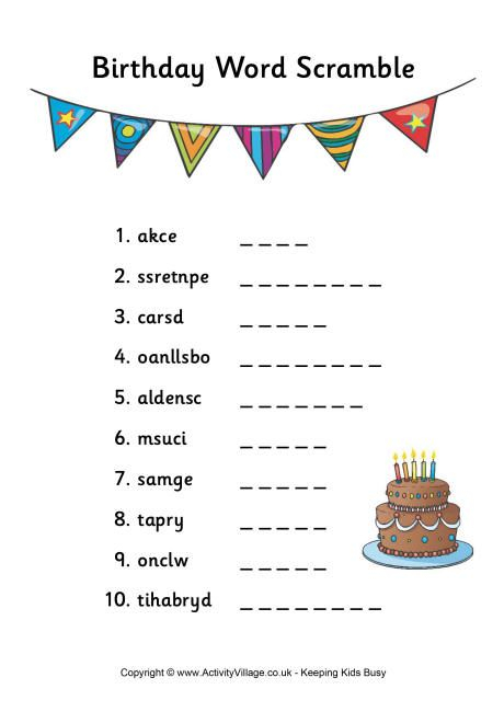 Birthday Word Scramble Birthday Words Word Puzzles For