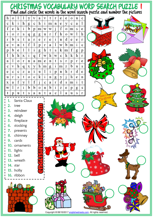 Christmas ESL Printable Word Search Puzzle Worksheets