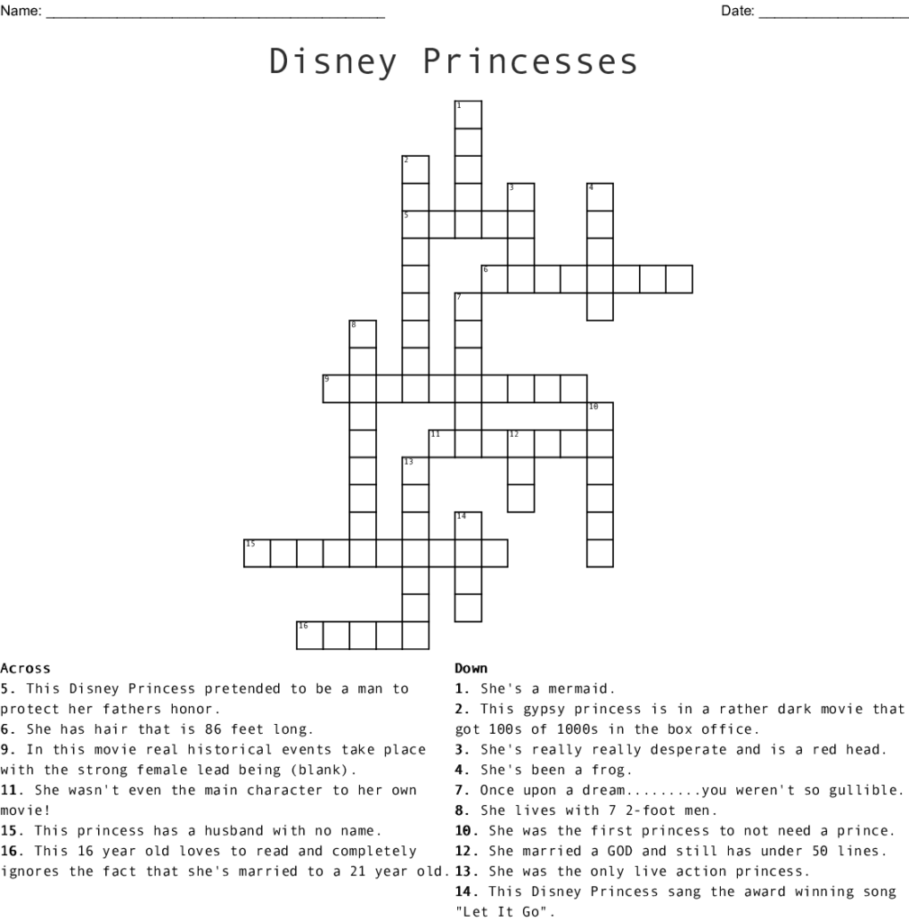 Disney Princess Crossword Puzzles Crossword Compiler