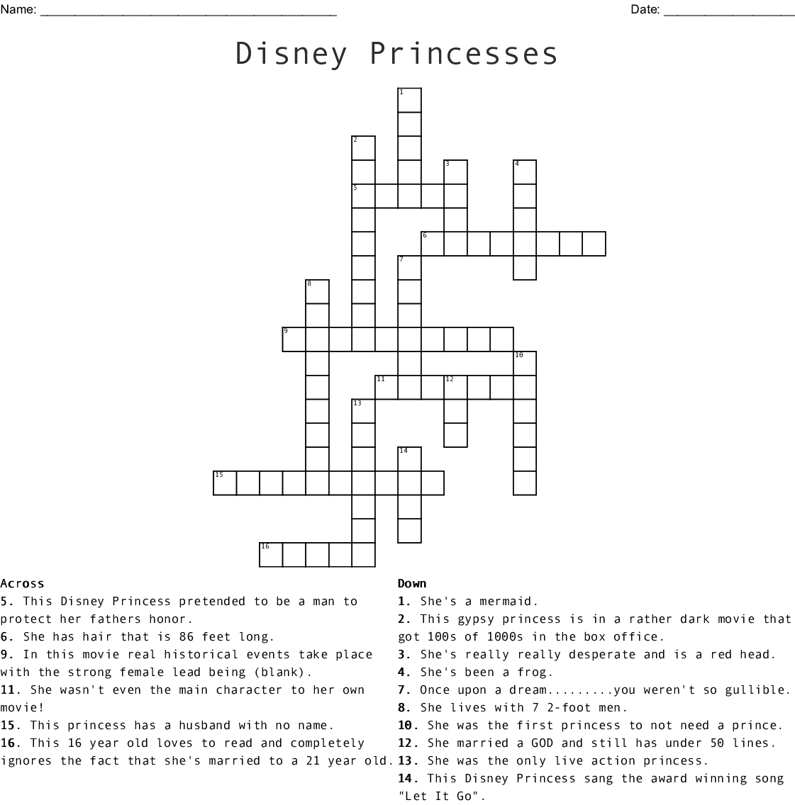 Disney Princess Crossword Puzzle Printable
