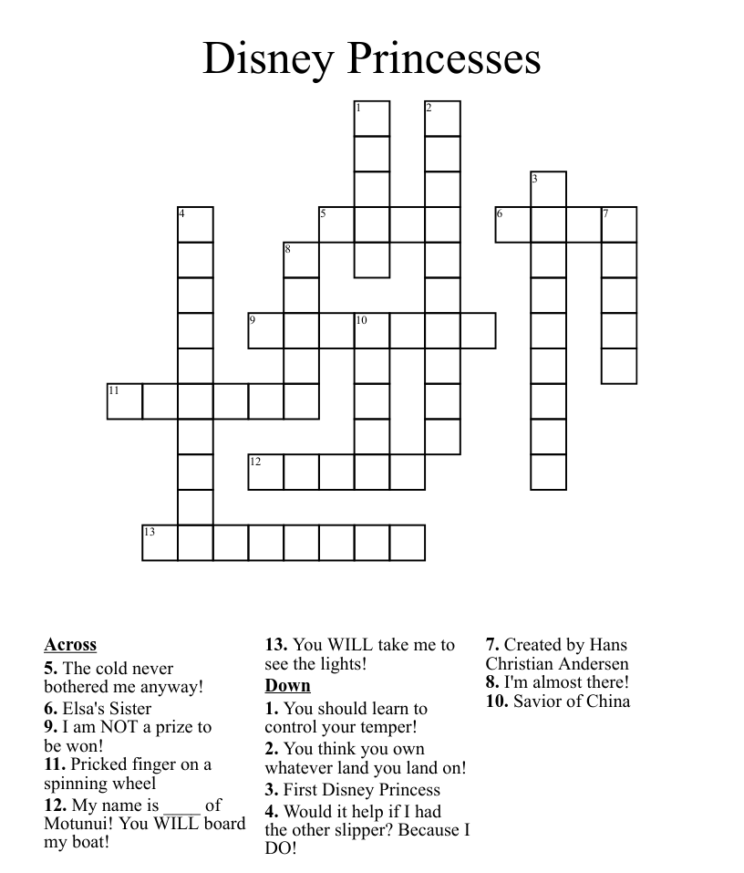 Disney Princesses Crossword WordMint
