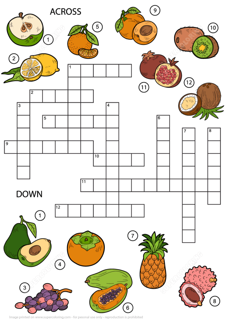 Fruits Crossword Puzzle For Middle School Free Printable