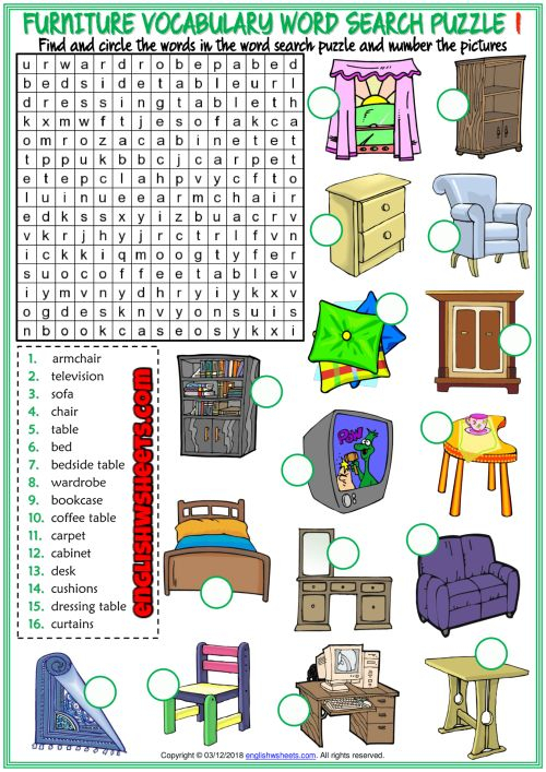 Furniture ESL Printable Word Search Puzzle Worksheets In