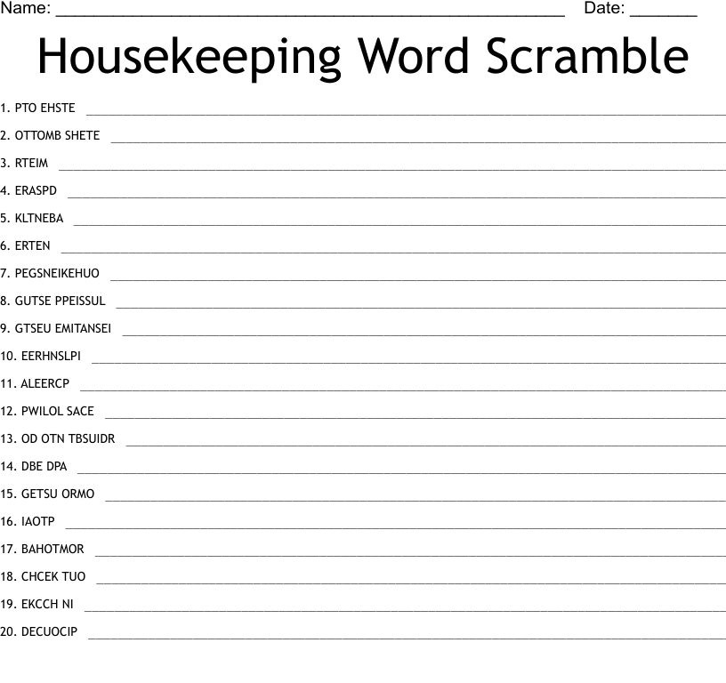 Housekeeping Word Scramble WordMint