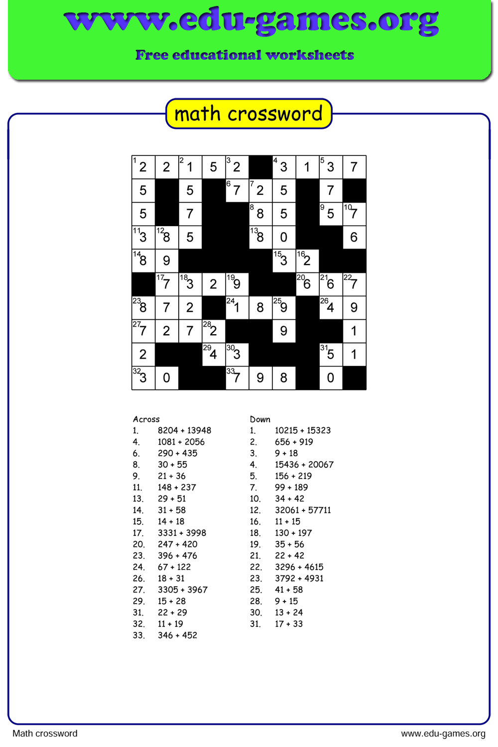 Printable Sunday School Crossword Puzzles