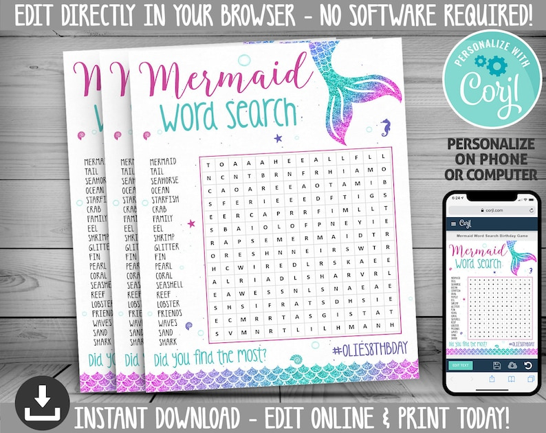 Mermaid Word Search INSTANT DOWNLOAD Printable Mermaid Etsy
