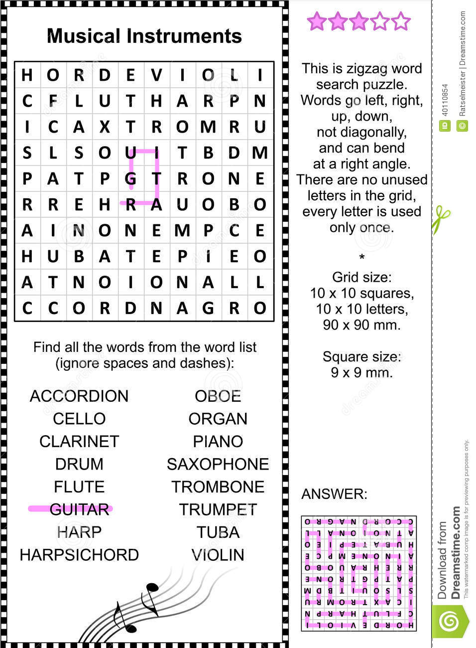 Printable Musical Instruments Crossword Puzzle
