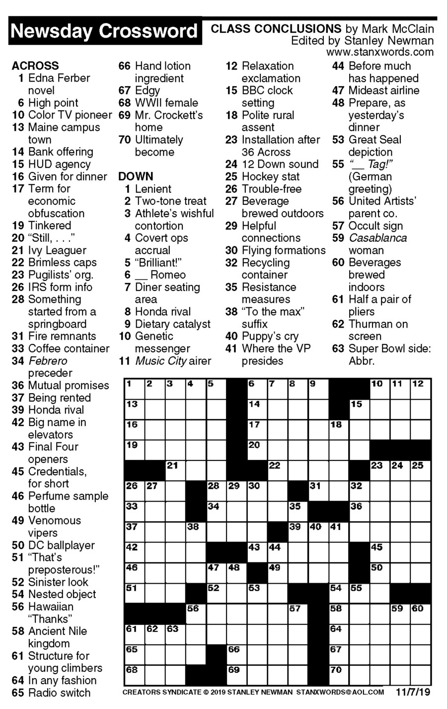 Archive Of Printable Newsday Crossword Puzzles