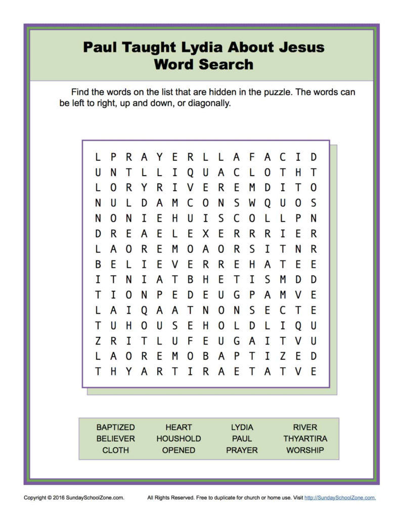 Paul Taught Lydia About Jesus Word Search Children S