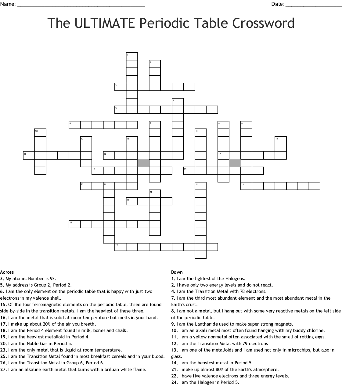 Periodic Table Crossword Puzzles Printable