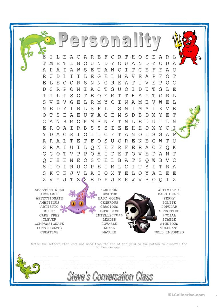 Personality Adjectives Crossword Puzzle Printable