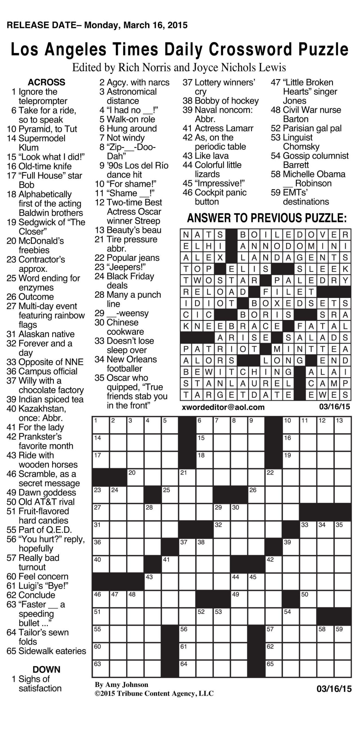 La Times Printable Sunday Crossword Puzzle No Download