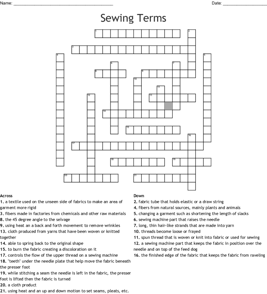 Sewing Terms Crossword Puzzle Answer Key