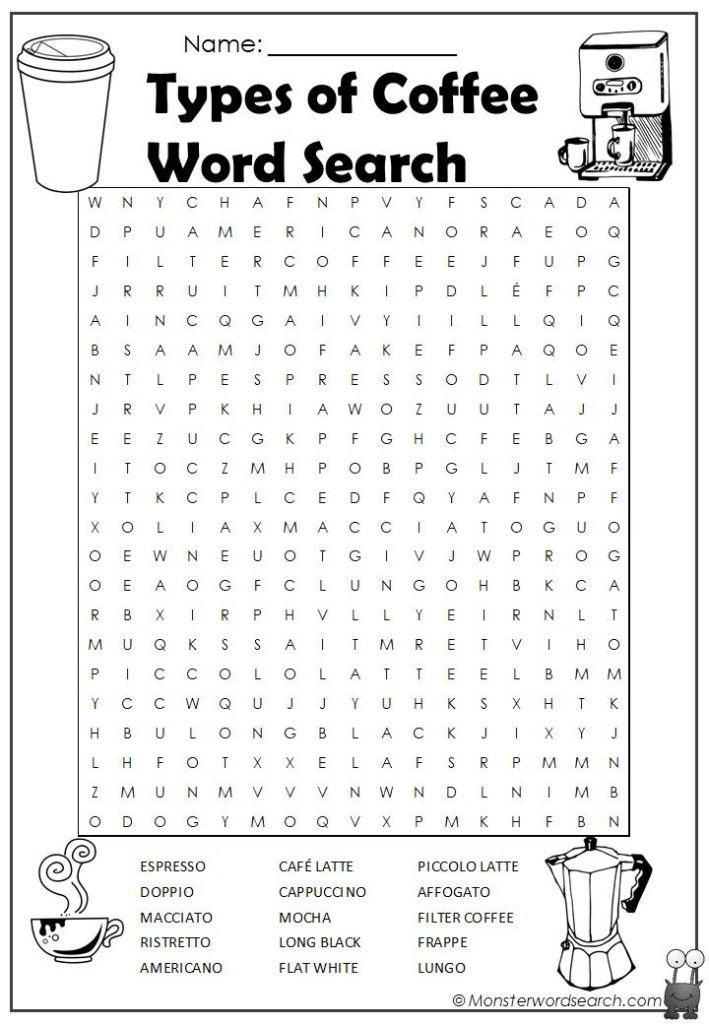 Types Of Coffee Word Search Monster Word Search Coffee