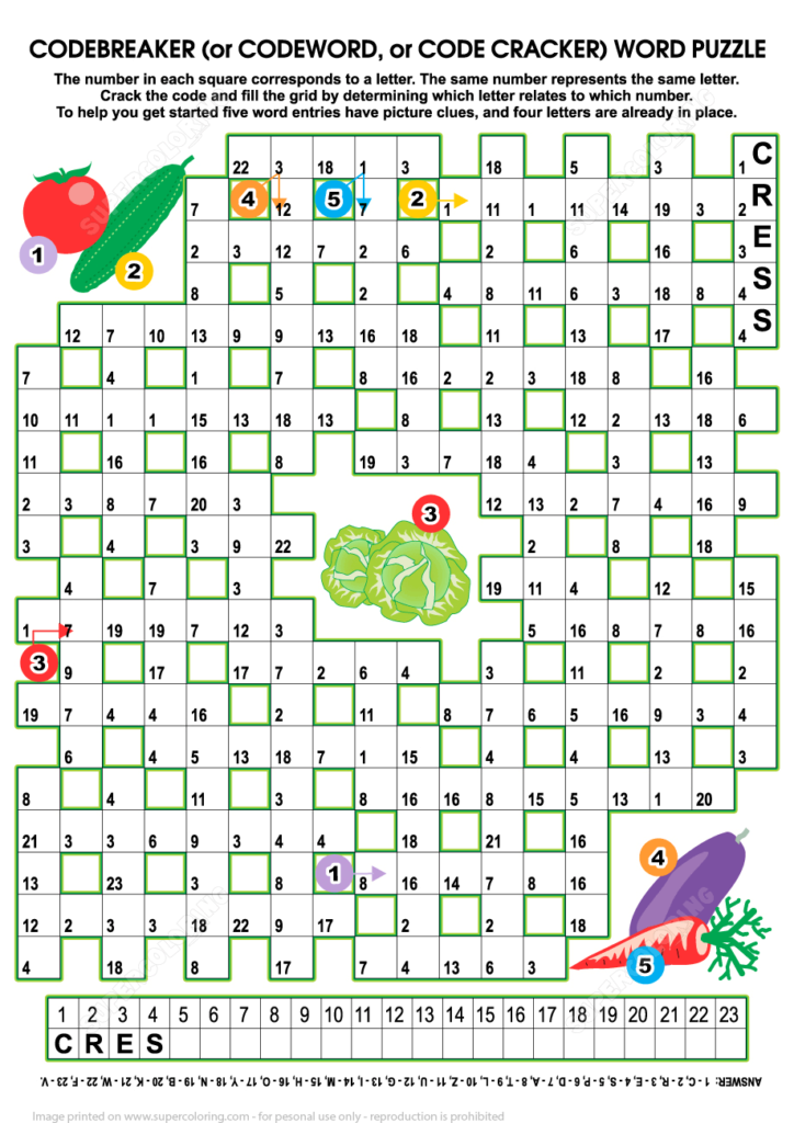 Vegetables Codebreaker Word Puzzle Free Printable Puzzle