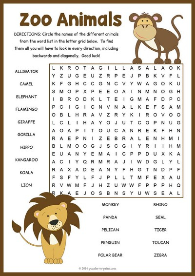 Zoo Animals Word Search Puzzle
