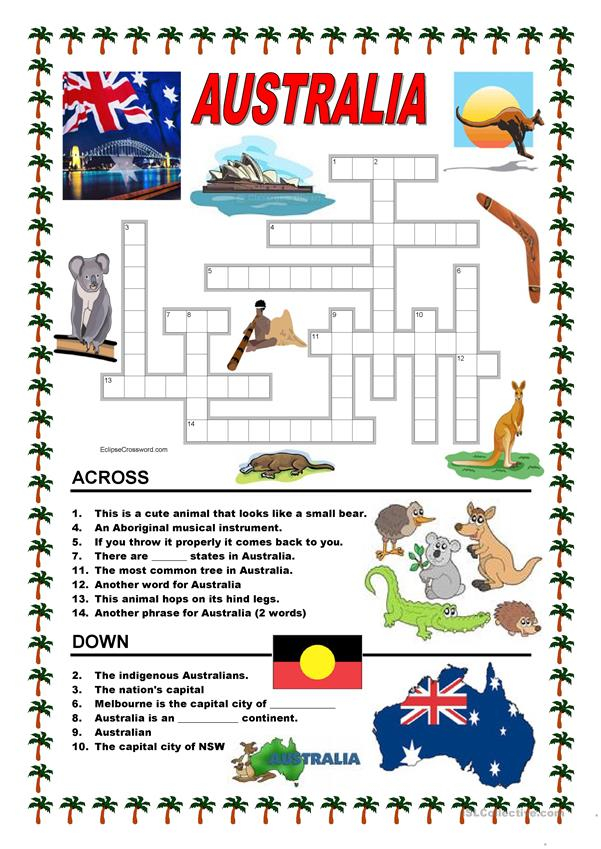 Australia Crossword 1 Worksheet Free ESL Printable