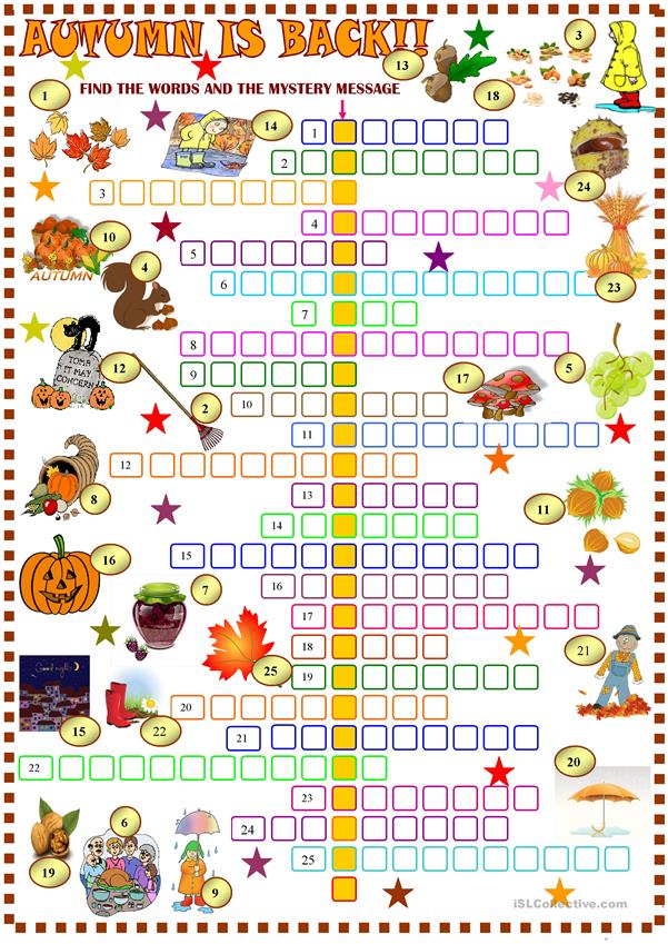 Autumn Crossword Puzzle With Key English ESL