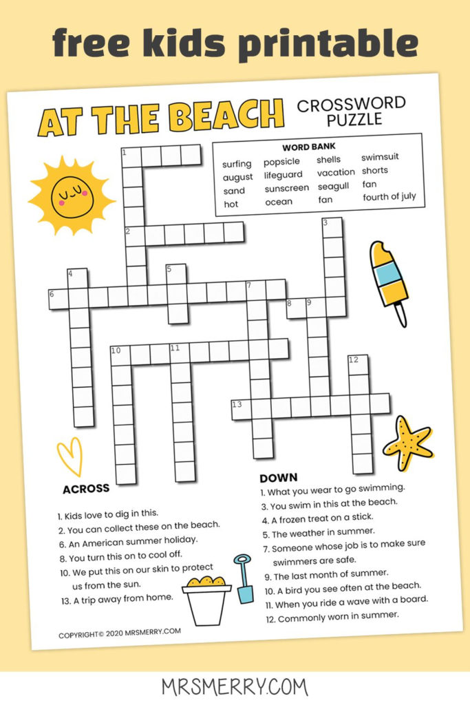 Beach Printable Crossword Puzzle For Kids Mrs Merry