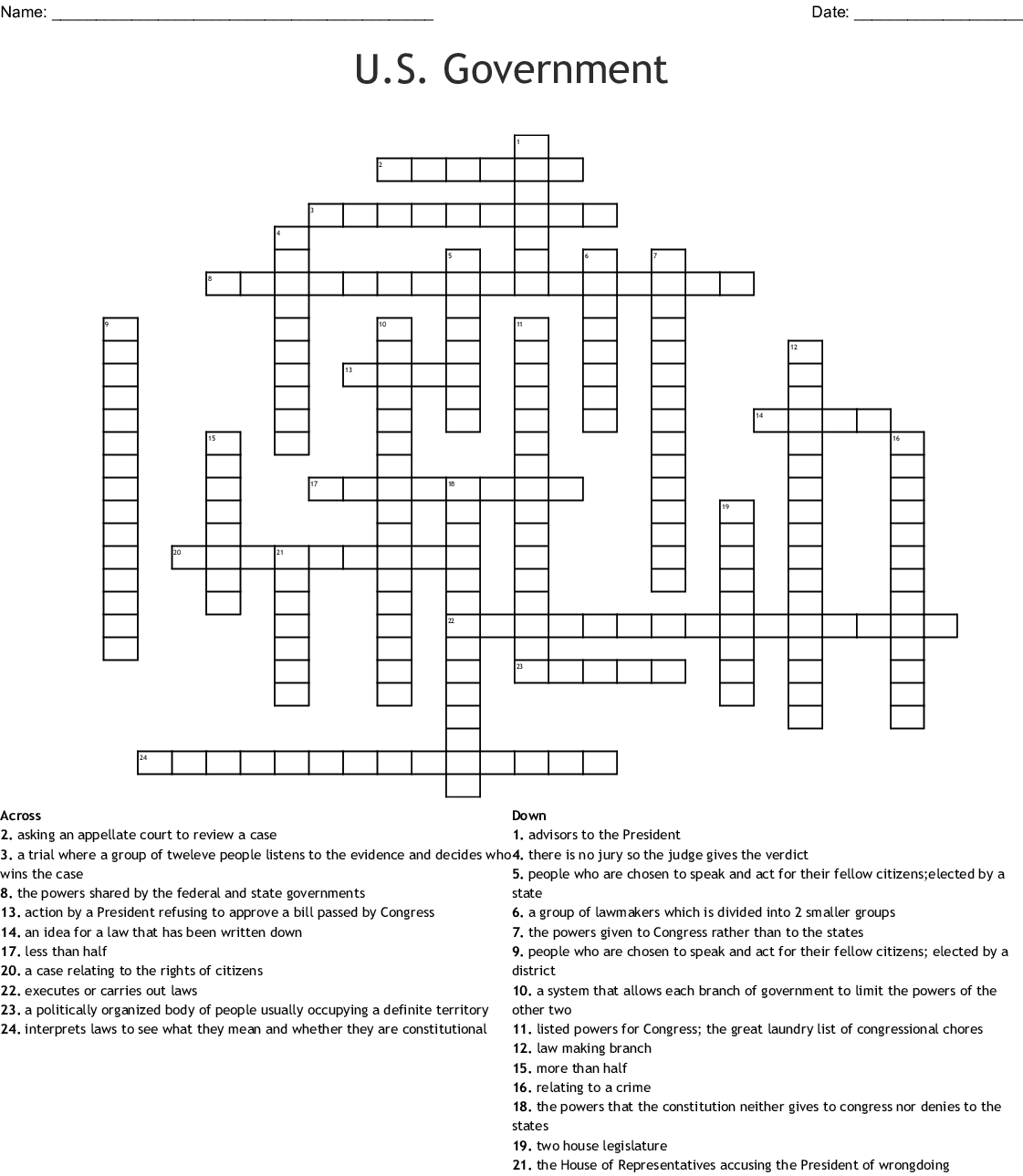 Us Government Crossword Puzzle Printable