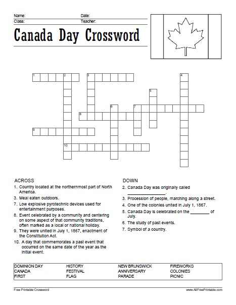Canada Day Crossword Free Printable