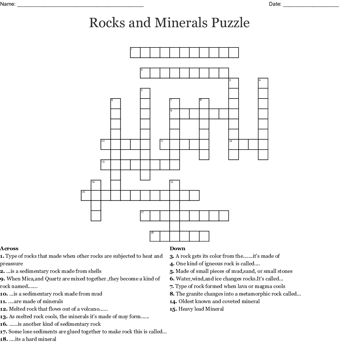 Free Printable Crossword Puzzles For Rocks And Minerals