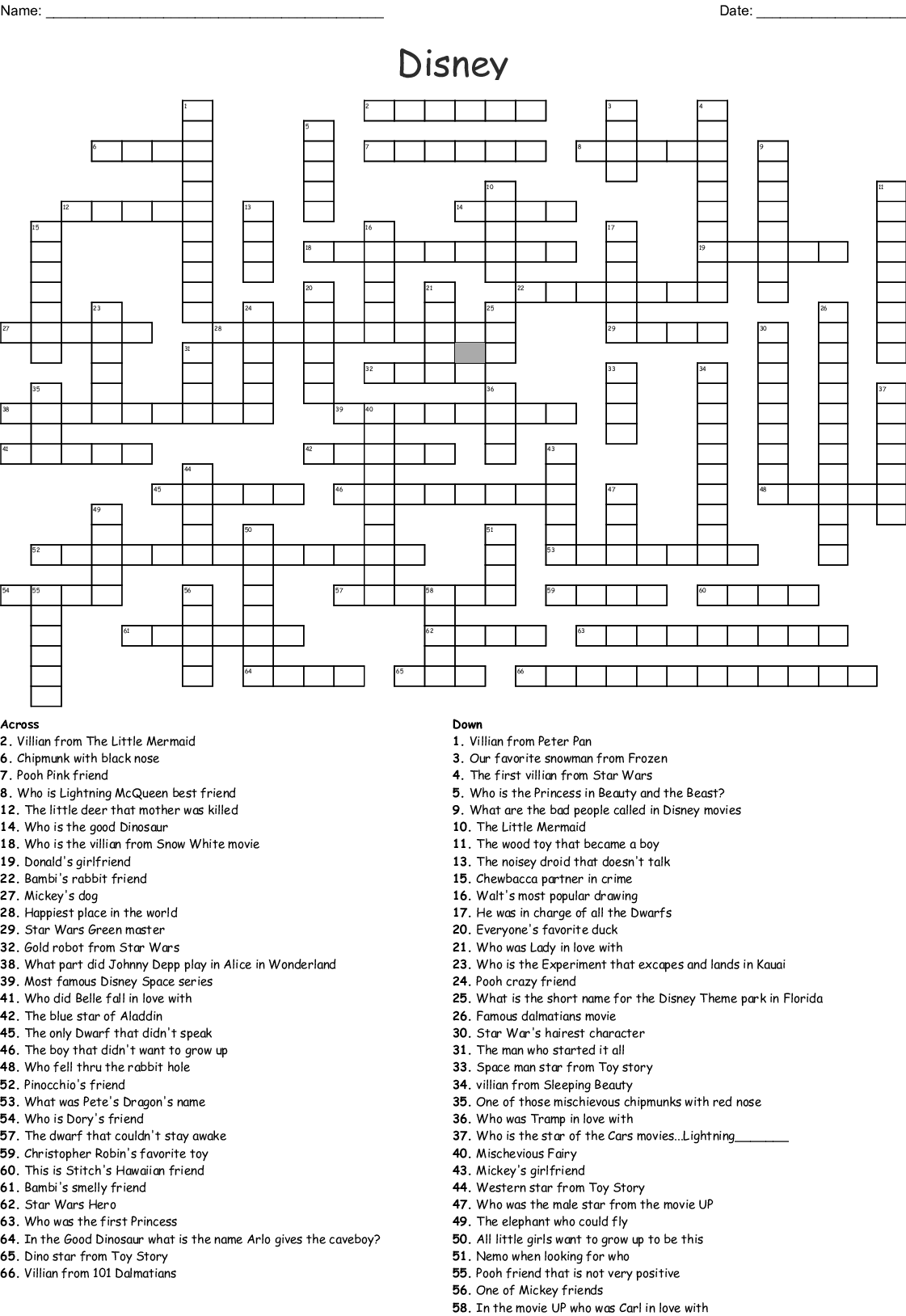 Crossword Puzzle Printable Disney