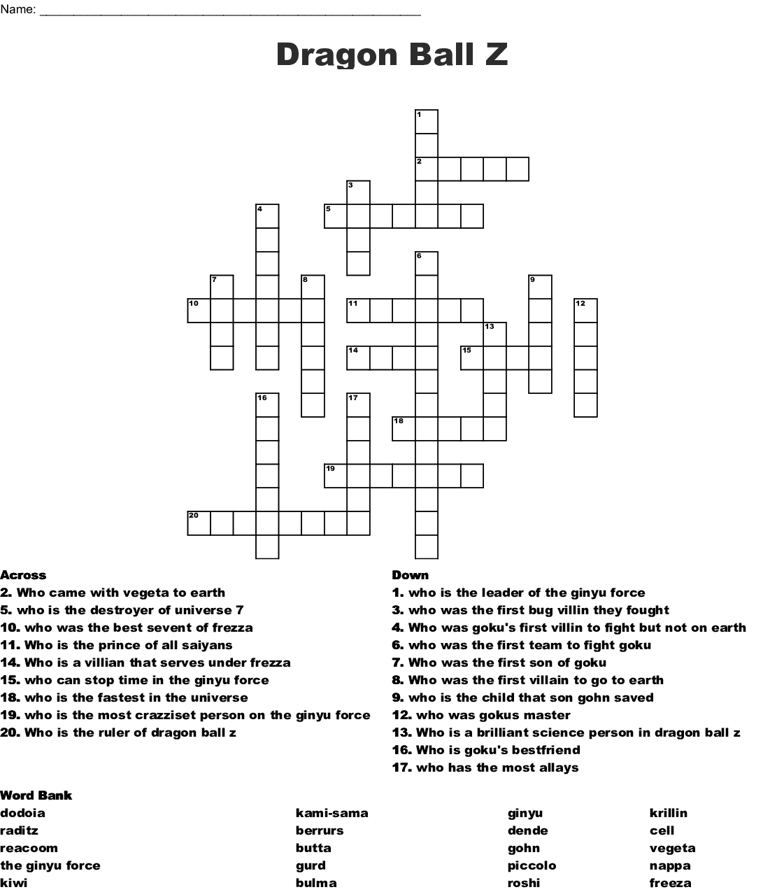 Dragon Ball Z Crossword Puzzle Printable
