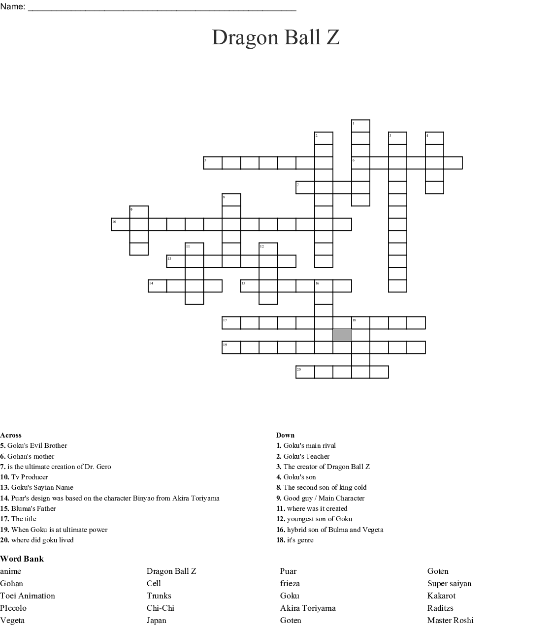 Dragon Ball Z Crossword Puzzle Printable