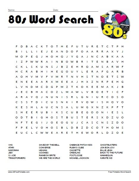 80s Pop Culture Crossword Puzzle Printable