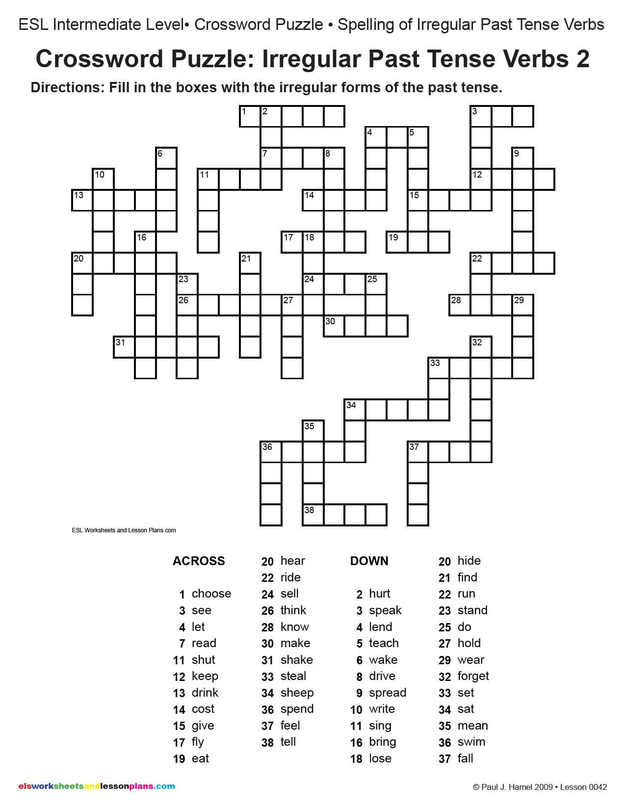 Past Tense Crossword Puzzle Printable
