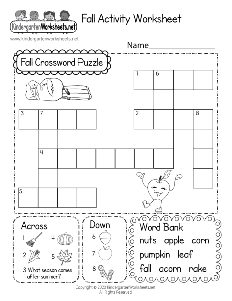 Fall Crossword Puzzle Worksheet For Kindergarten Free