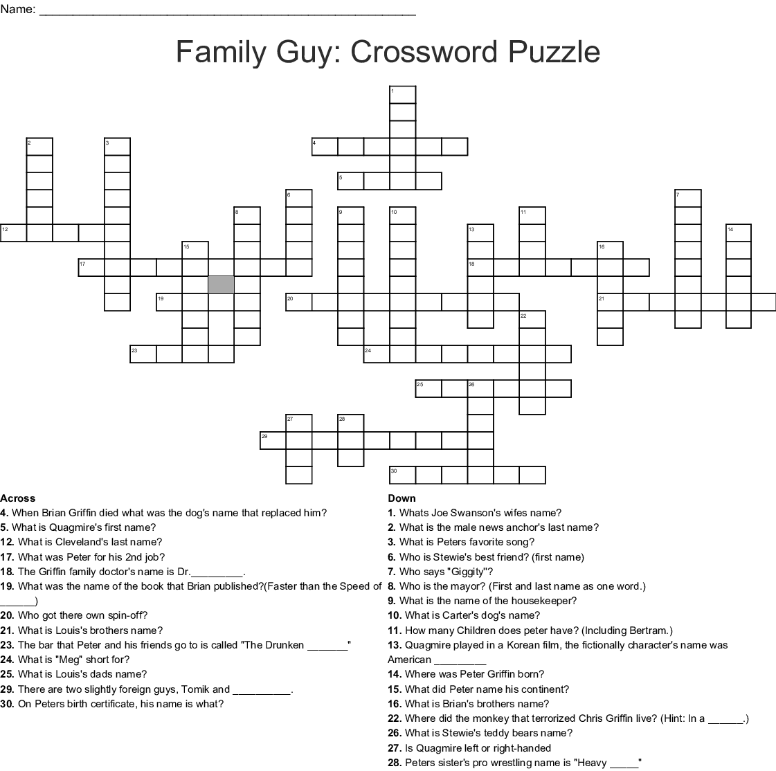 Family Guy Crossword Puzzle Printable
